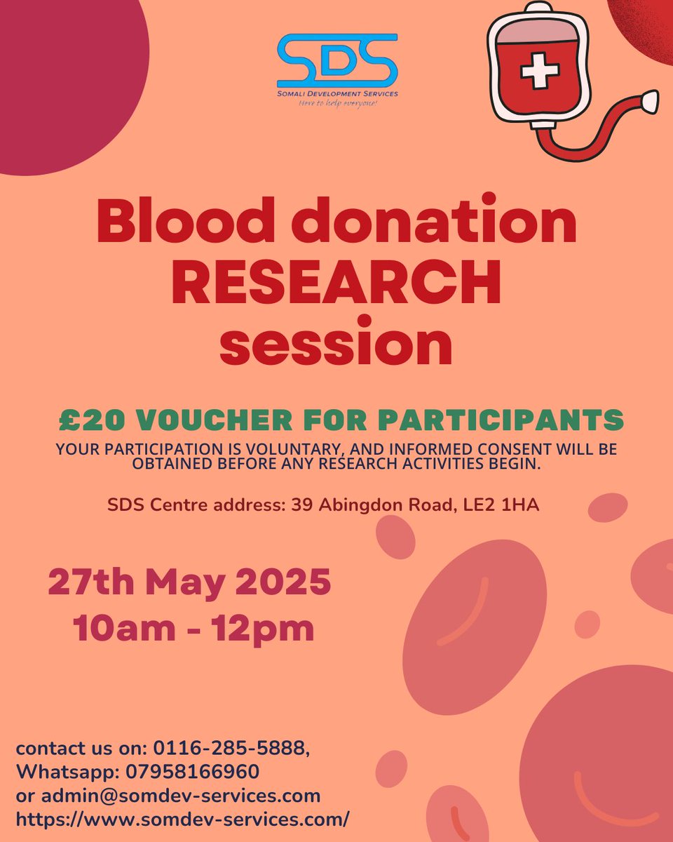 Happening today! Join the blood donation research session at SDS, 10am–12pm. £20 voucher for participants! #SDS