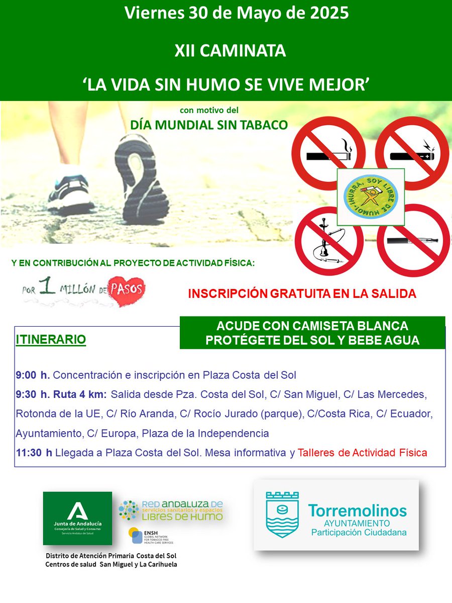 Distrito AP Costa del Sol (@dsapcostadelsol) on Twitter photo Recuerda, te esperamos este viernes en nuestra XII caminata para celebrar el Día Mundial sin Tabaco. Aquí tienes horario e itinerario de Fuengirola y Torremolinos. ¡No faltes!
🚶Caminata #DíaMundialSinTabaco
🗓️ Viernes 30 de mayo
📢 ¡Participa!
<a href="/fuengirola/">Ayto. Fuengirola</a> <a href="/Torremolinos_On/">Torremolinos Informa</a> Recuerda, te esperamos este viernes en nuestra XII caminata para celebrar el Día Mundial sin Tabaco. Aquí tienes horario e itinerario de Fuengirola y Torremolinos. ¡No faltes!
🚶Caminata #DíaMundialSinTabaco
🗓️ Viernes 30 de mayo
📢 ¡Participa!
<a href="/fuengirola/">Ayto. Fuengirola</a> <a href="/Torremolinos_On/">Torremolinos Informa</a>