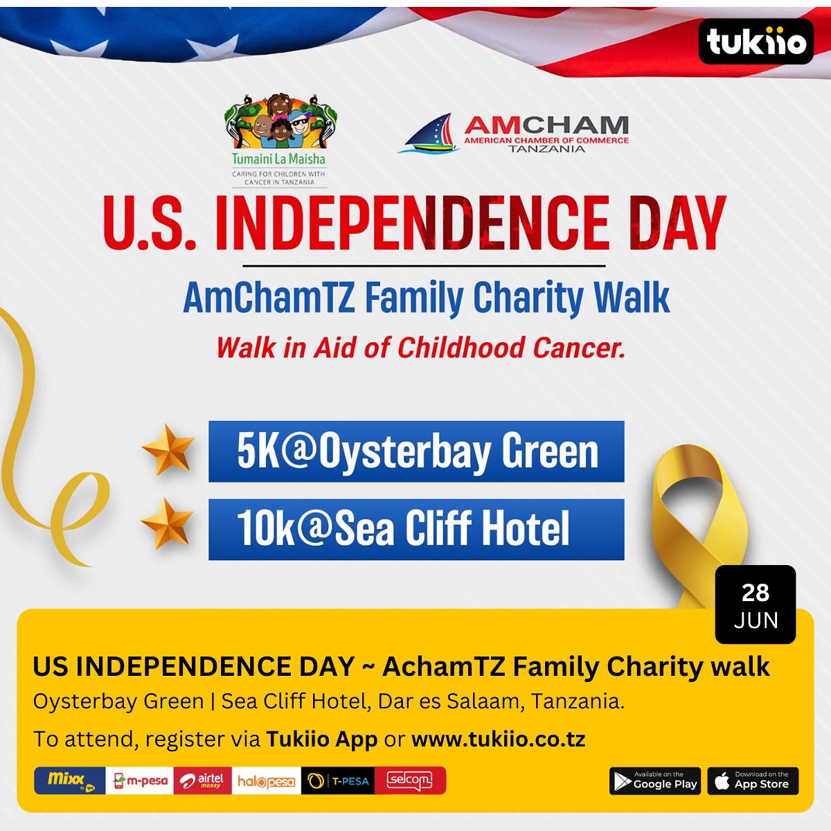 ✨This year's US Independence Day 🇺🇸celebration will be a "Family Charity Walk" on Saturday, June 28th, at 6:30 AM, to benefit Tumaini la Maisha (TLM), a children's cancer charity supporting the Pediatric Cancer Ward at Muhimbili National Hospital. 

🎯The event aims to unite the