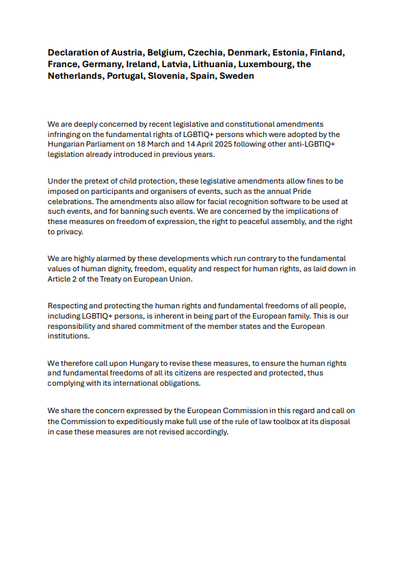 Joint statement by 🇵🇹 with 🇦🇹 🇧🇪 🇨🇿🇩🇰🇪🇪🇫🇮🇫🇷🇩🇪🇮🇪🇱🇻🇱🇹🇱🇺🇳🇱🇸🇮🇪🇸🇸🇪, on the infringement of the fundamental rights of LGBTIQ+ persons in Hungary. #GAC