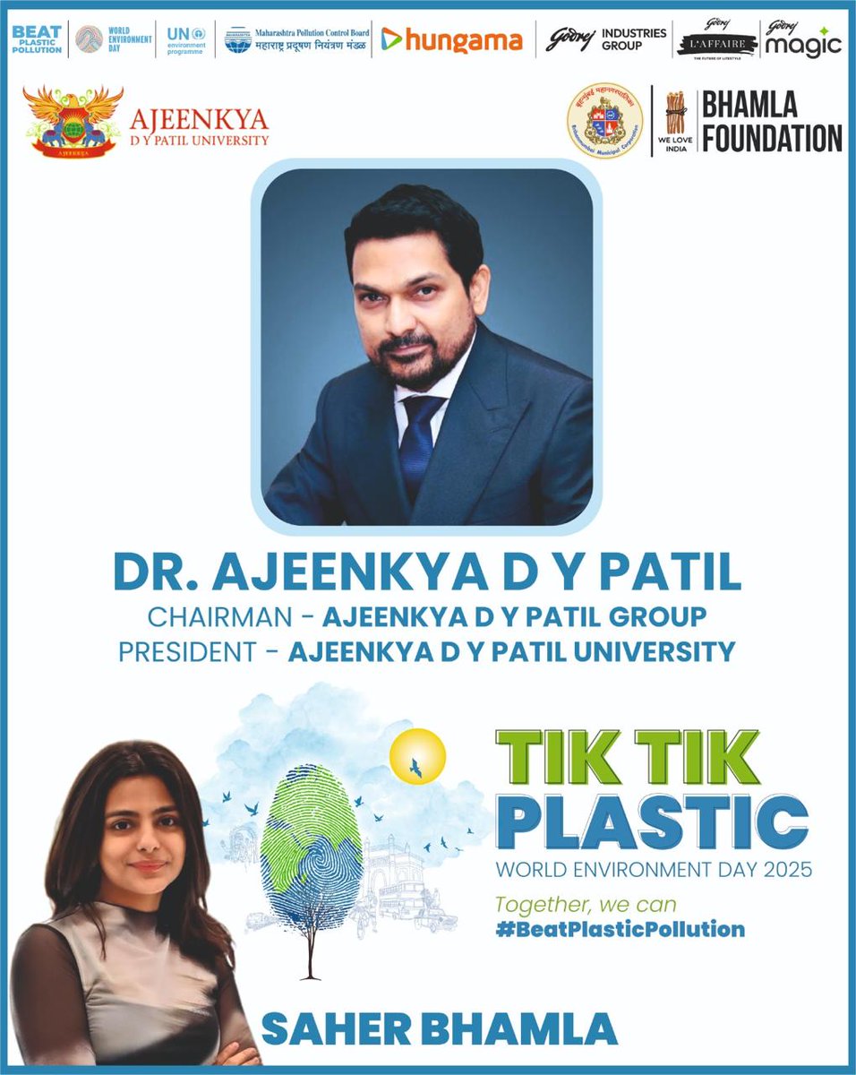 Ajeenkya Patil (@drajeenkya) on Twitter photo I’ve always believed that meaningful change begins when people come together for a purpose bigger than themselves. That’s why I’m glad to support the <a href="/SaherABhamla/">saherbhamla</a> @bhamlafoundation ‘Tik Tik Plastic’ campaign this World Environment Day 2025.
On June 4th, 6:00pm I’ll be at the I’ve always believed that meaningful change begins when people come together for a purpose bigger than themselves. That’s why I’m glad to support the <a href="/SaherABhamla/">saherbhamla</a> @bhamlafoundation ‘Tik Tik Plastic’ campaign this World Environment Day 2025.
On June 4th, 6:00pm I’ll be at the