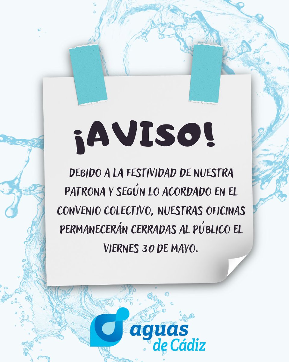 El próximo viernes 30 de mayo nuestras oficinas permanecerán cerradas por motivos de la festividad de la patrona. 

Disculpen las molestias.