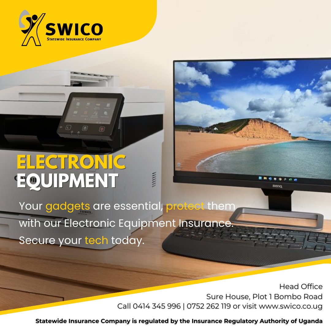 swico_uganda's tweet image. SWICO's electronic equipment insurance offers peace of mind against unexpected accidents and damage. Safeguard your technology investments with our comprehensive coverage. #SecureWithSWICO