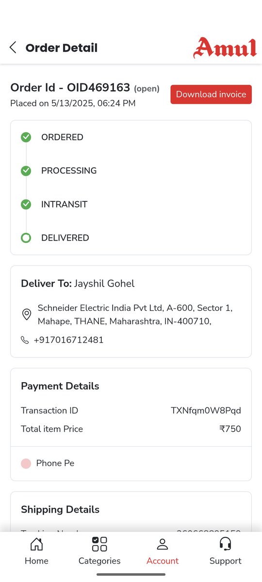 JDGohel3's tweet photo. Hi @Amul_Coop,I placed an order (ID: OID469163) on 13/05/2025 via your app.The delivery was attempted on weekends even though i mentioned the address as an office address. Now the parcel was supposed to be delivered by 21st May.And it's still showing in the transit.please assist https://t.co/NJJ8Umq5NG