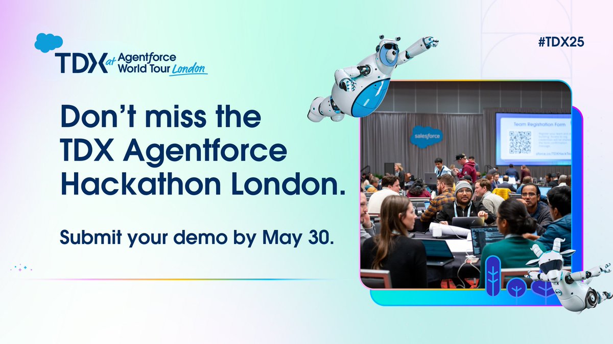 SalesforceDevs's tweet photo. 🚨 Final call! The deadline to submit your 5-min demo for the #AgentforceHackathon at #TDX25 London is May 30.

Don't miss your chance to:

🔧 Get hands-on with Agentforce
🗣️ Pitch live at TDX
🏆 Win fun prizes, like a trip to #DF25

Submit your demo today 👉 https://t.co/yYwiXZVkiY

Terms apply. #SFContest