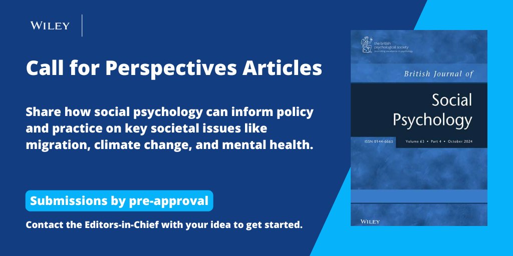 Wiley Psychology (@wileypsychology) on Twitter photo 📢 Call for Perspectives Articles!
British Journal of Social Psychology seeks submissions on how social psychology can impact policy and practice on key societal issues. <a href="/BPSOfficial/">British Psychological Society</a>
Submit with pre-approval 🔗 ow.ly/5ro250VMGzQ 📢 Call for Perspectives Articles!
British Journal of Social Psychology seeks submissions on how social psychology can impact policy and practice on key societal issues. <a href="/BPSOfficial/">British Psychological Society</a>
Submit with pre-approval 🔗 ow.ly/5ro250VMGzQ