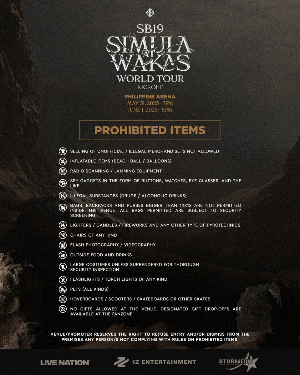 livenationph's tweet photo. Quick reminder, A'TIN! Be sure to check the list of prohibited items to ensure a smooth entry into the venue. 

#SimulaAtWakas #SB19 #SB19SaW #SaWWorldTour #SaWWorldTourKickoff https://t.co/O8cLaPgUHj