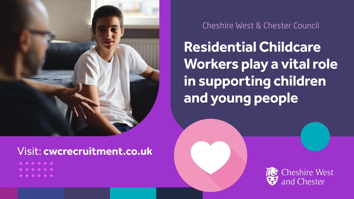 We are hiring! We are looking for full time Residential Children’s Care Workers to work in our Children’s Homes in Chester, Ellesmere Port, Winsford and Northwich. Apply Now 👉 cwac.co/iqD9Z

Learn more about what it's like to work for us 👉 cwac.co/41Tfp