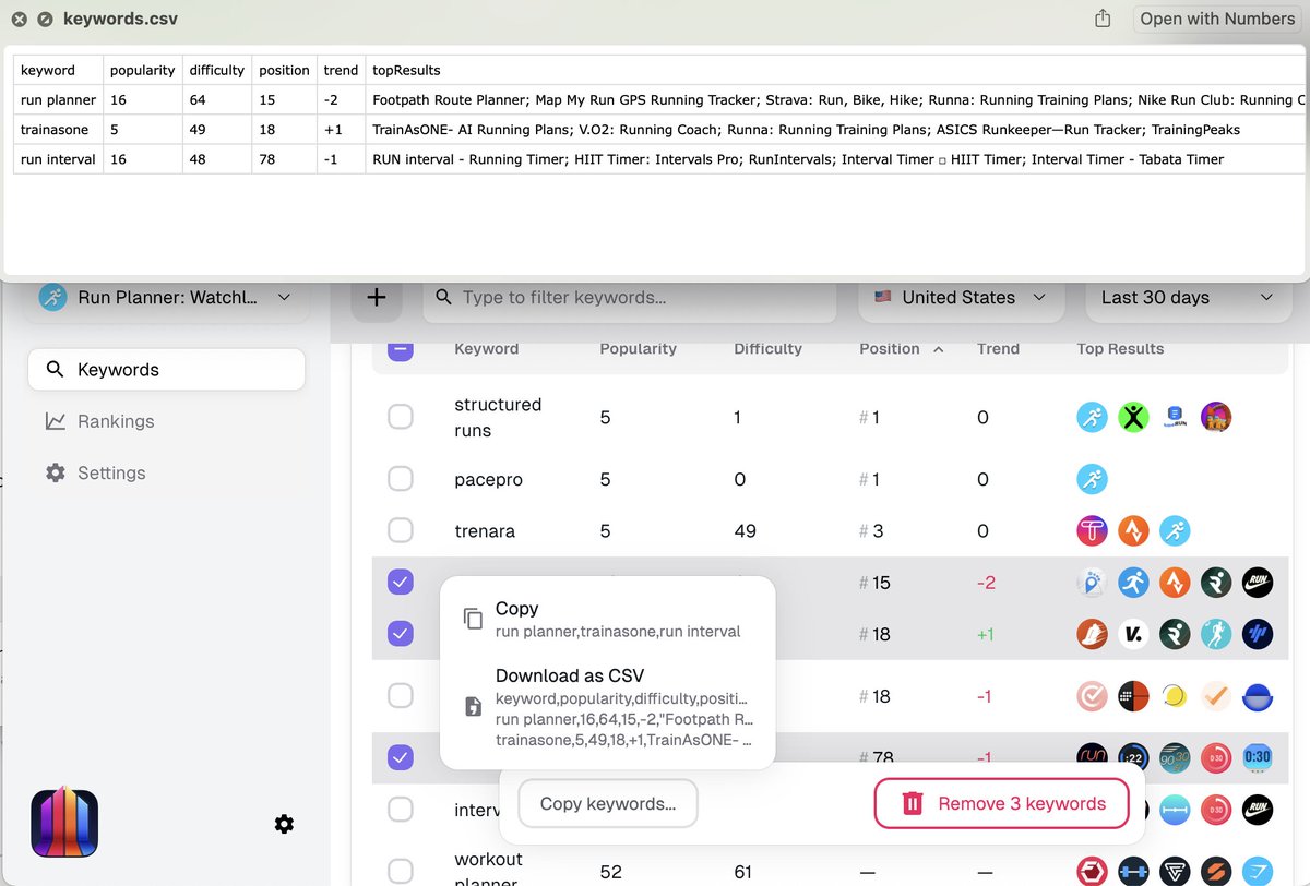 hesselbom's tweet image. In the (soon to be released) web version of ASO Suite you&apos;ll be able to download selected keywords as a CSV!