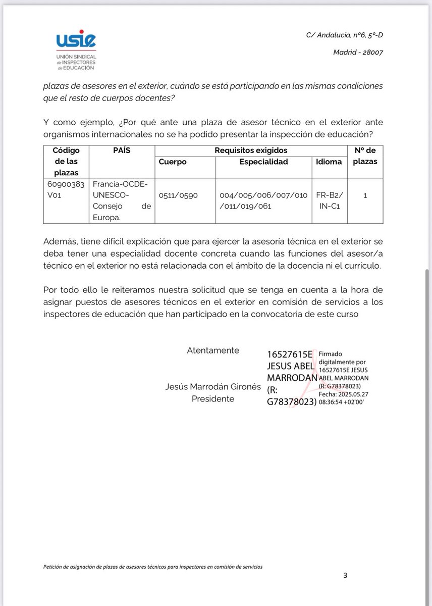 USIE ha presentado un escrito al <a href="/educaciongob/">Ministerio de Educación, FP y Deportes</a> solicitando igualdad de oportunidades para los inspectores en las convocatorias de asesores técnicos en el exterior. Reivindicamos el derecho a participar en todas las plazas, en igualdad de condiciones.
#InspecciónEducativa