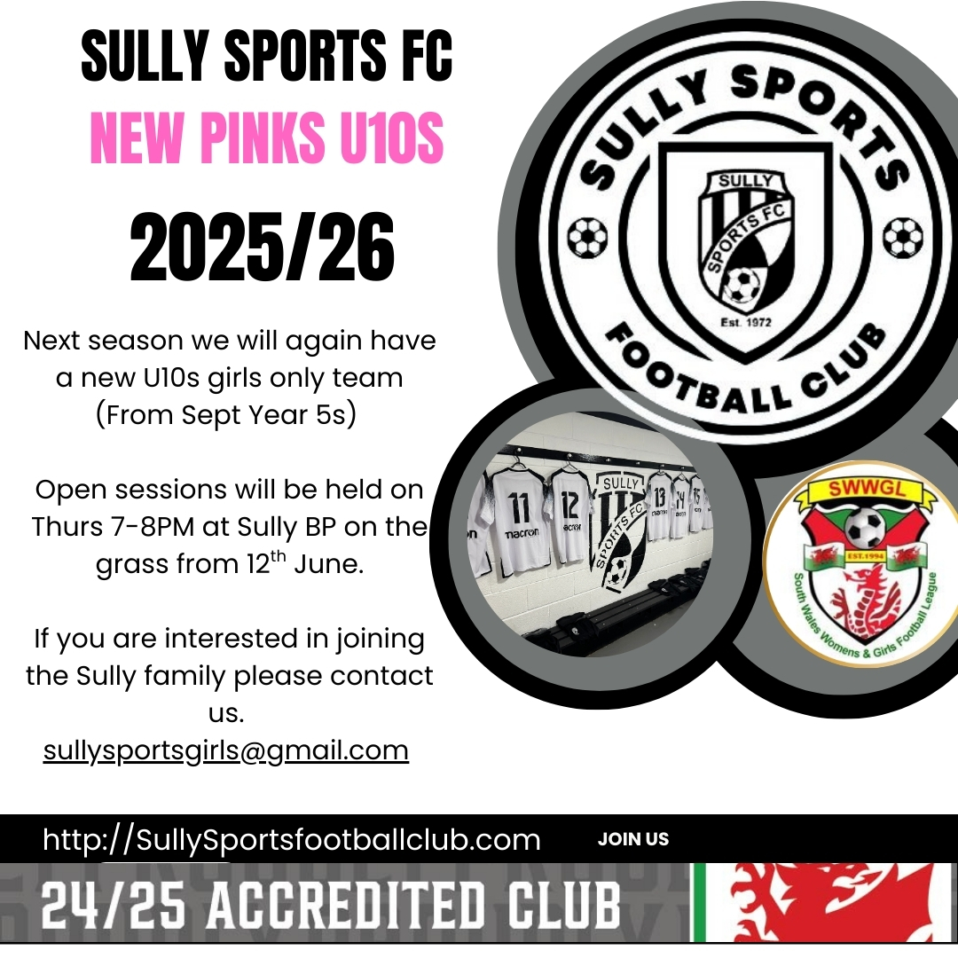 Is your child going into Yr 5 in September?
we are looking to start a new girls' team for U10s - come along on Thursdays 7-8pm from June 12th to meet your coaches &amp; see if you'd like to join the Sully FC family.