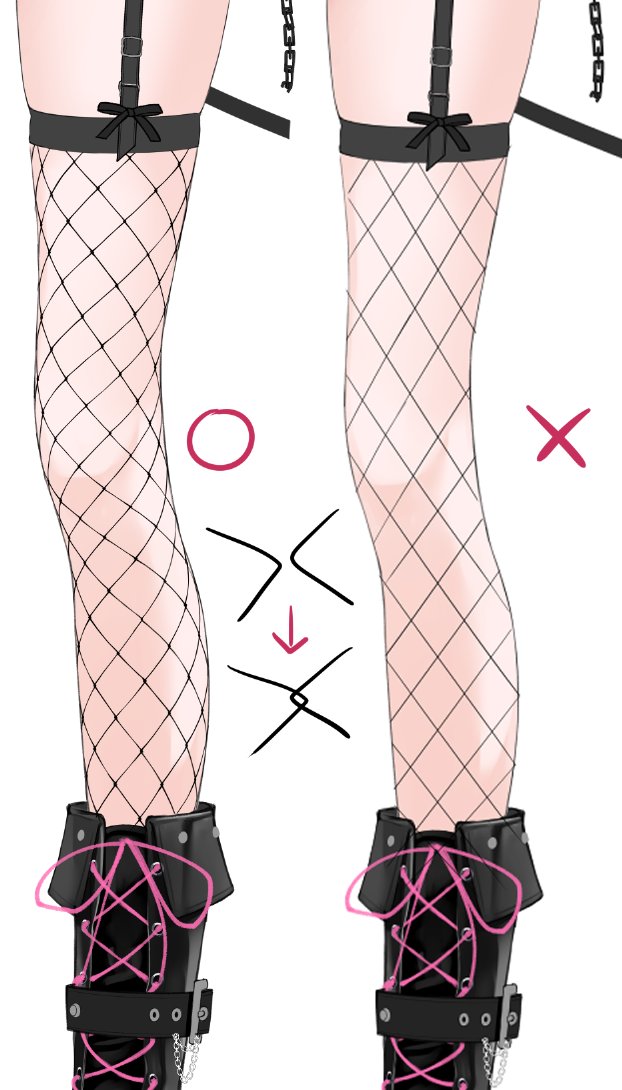 網タイツは"こう"なんだよね。
重なりをを意識して一箇所ずつ紐をずらすのです…
毎回全部手書きのこだわりポイント🤞🏻(コスパ最悪)