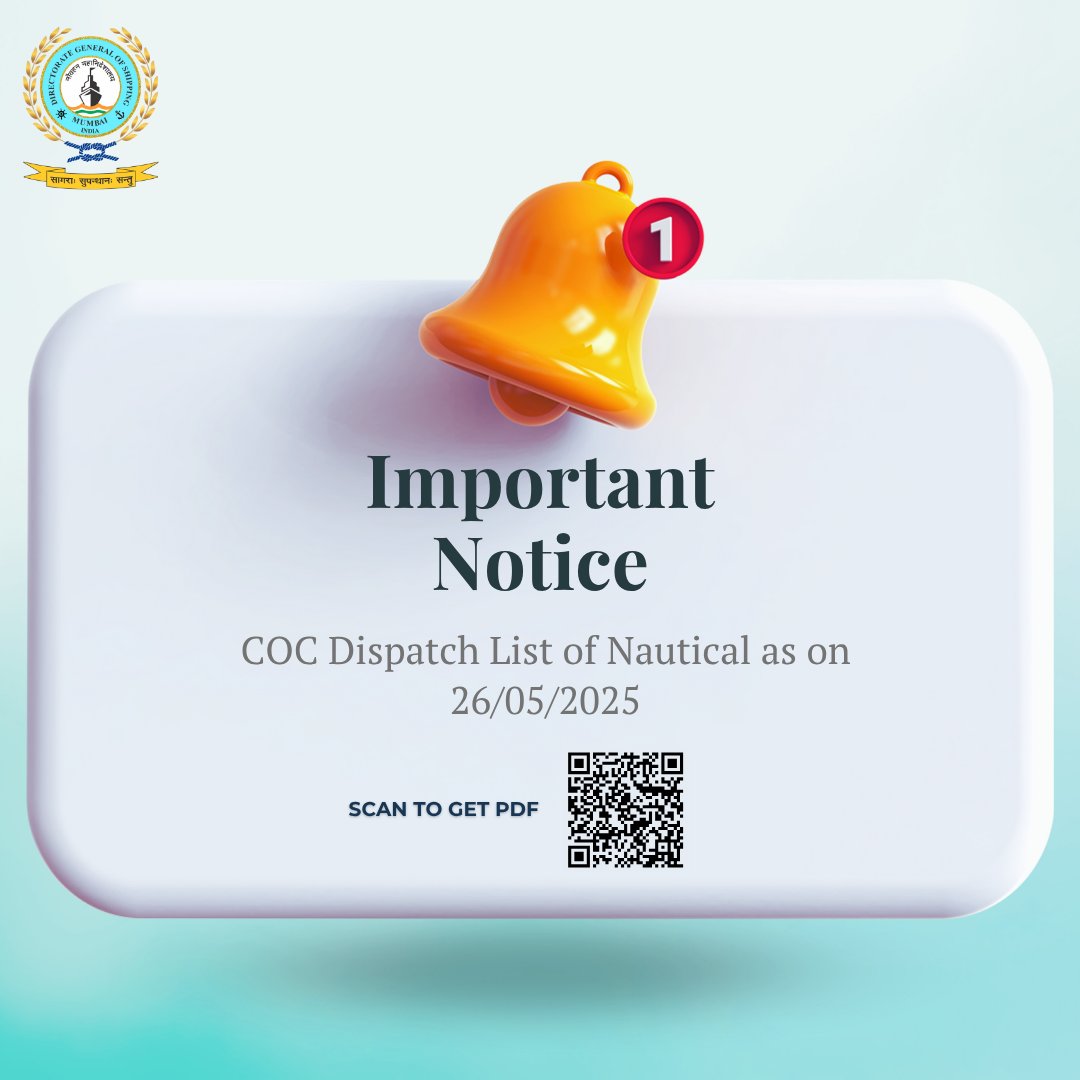dgshipping_IN's tweet photo. COC Dispatch List of Nautical as on 26/05/2025
Document Link - https://t.co/BNCABCf7H0
#COCDispatch #Nautical #DGS #DGShipping https://t.co/9bZ3gxn9yN