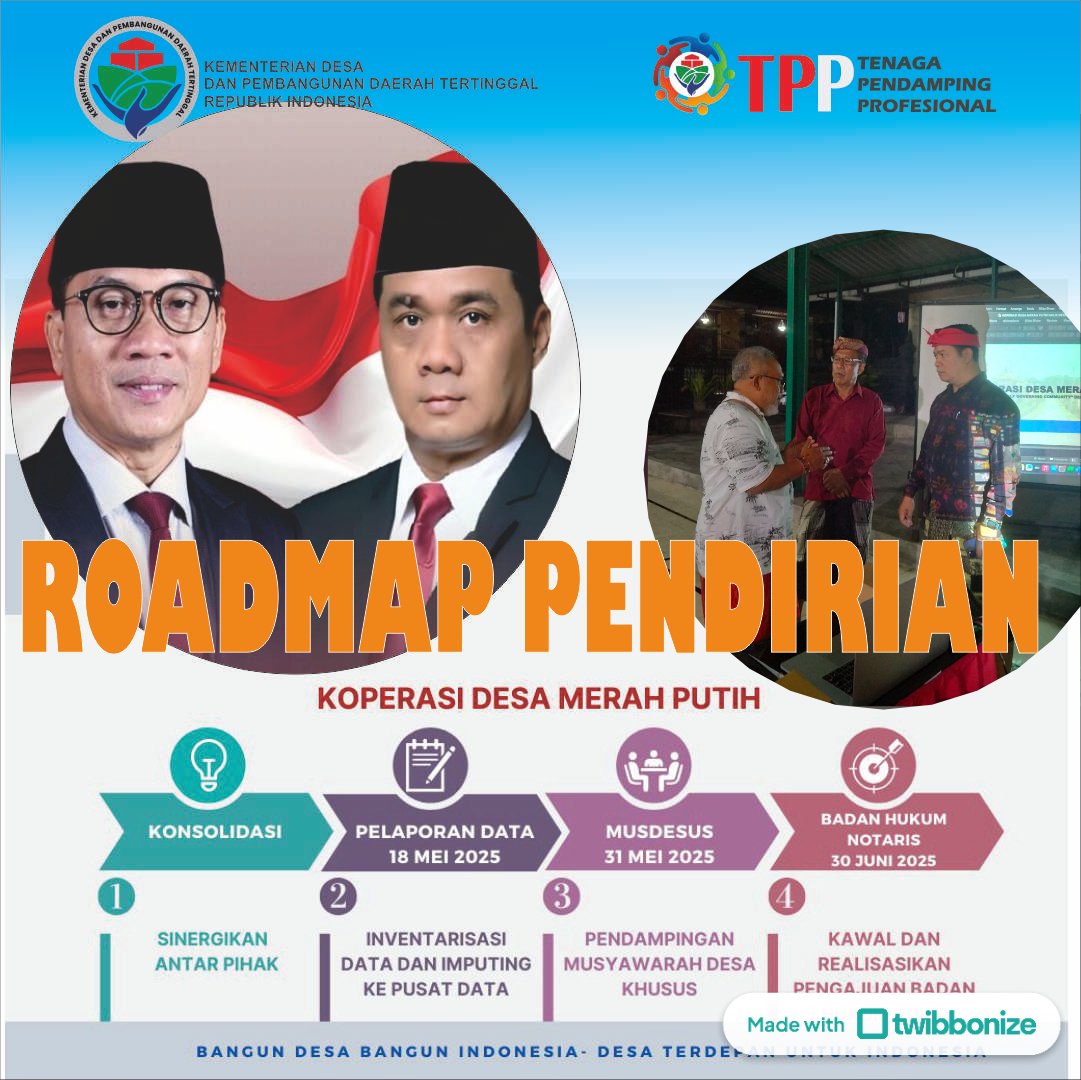 #TppKawalBadanHukumKdmp

Setelah musyawarah desa khusus Pembentukan KDMP dan akte notaris, semua TPP mengawal KDMP untuk proses mendapatkan badan 
#TppKawalBadanHukumKdmp

<a href="/prabowo/">Prabowo Subianto</a>
<a href="/YandriSusanto27/">Yandri Susanto</a>
<a href="/ArizaPatria/">Ariza Patria</a>
<a href="/taufikmadjid71/">IG : taufik.madjid</a>
<a href="/kemendespdt/">#BangunDesaBangunIndonesia</a>
<a href="/bpsdmkemendesa/">Bpsdm Kemendesa</a>
<a href="/desapenusantara/">desapesonanusantara</a>