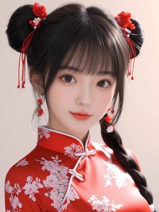 2年ほど前に、AIさんに【黒髪 丸輪っかツインテール 赤チャイナの少女】と頼んだら出て来たの。今だとどんなのになるのかなー。 