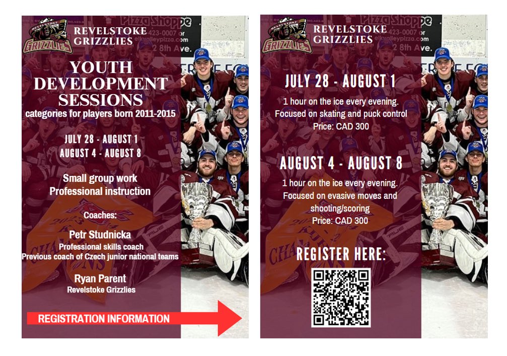 Join the Revelstoke Grizzlies for our Youth Development Sessions in July and August where small groups get professional instruction focused on skating, puck control, evasive moves, and shooting/scoring. Don’t miss this chance to sharpen your skills!
#RevelstokeGrizzlies