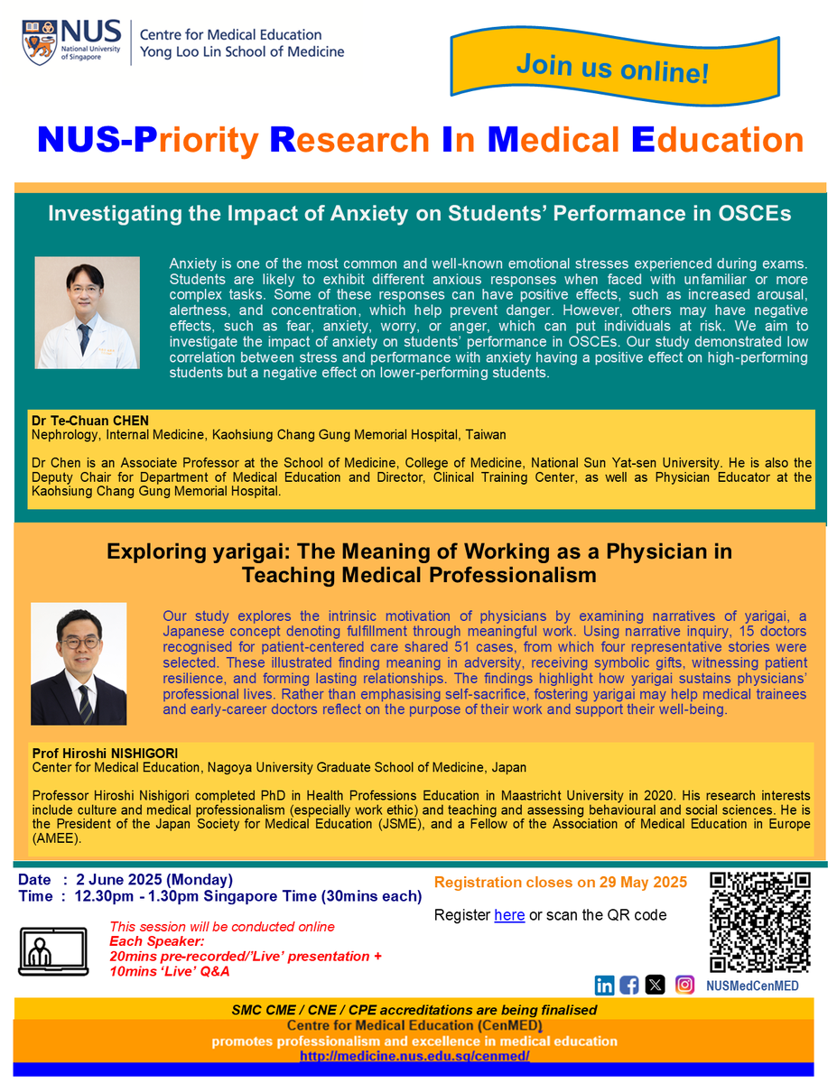 Have you heard about the use of #yarigai to help #trainees reflect on the purpose of their work? Or are you interested to find out more about the impact of #anxiety on students’ performance in #OSCEs?

Join us online for Monday’s NUS-PRIME session - nus-sg.zoom.us/meeting/regist…