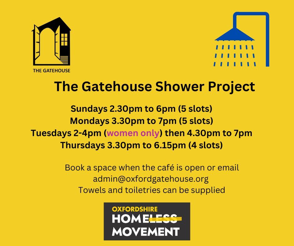 Oxfordshire Homeless Movement (@oxhomelessmvt) on Twitter photo Showers are available at <a href="/GatehouseOxford/">The Gatehouse Oxford</a> on a first come first served basis for people experiencing or at risk of homelessness.
ohmteam.org/daily Showers are available at <a href="/GatehouseOxford/">The Gatehouse Oxford</a> on a first come first served basis for people experiencing or at risk of homelessness.
ohmteam.org/daily