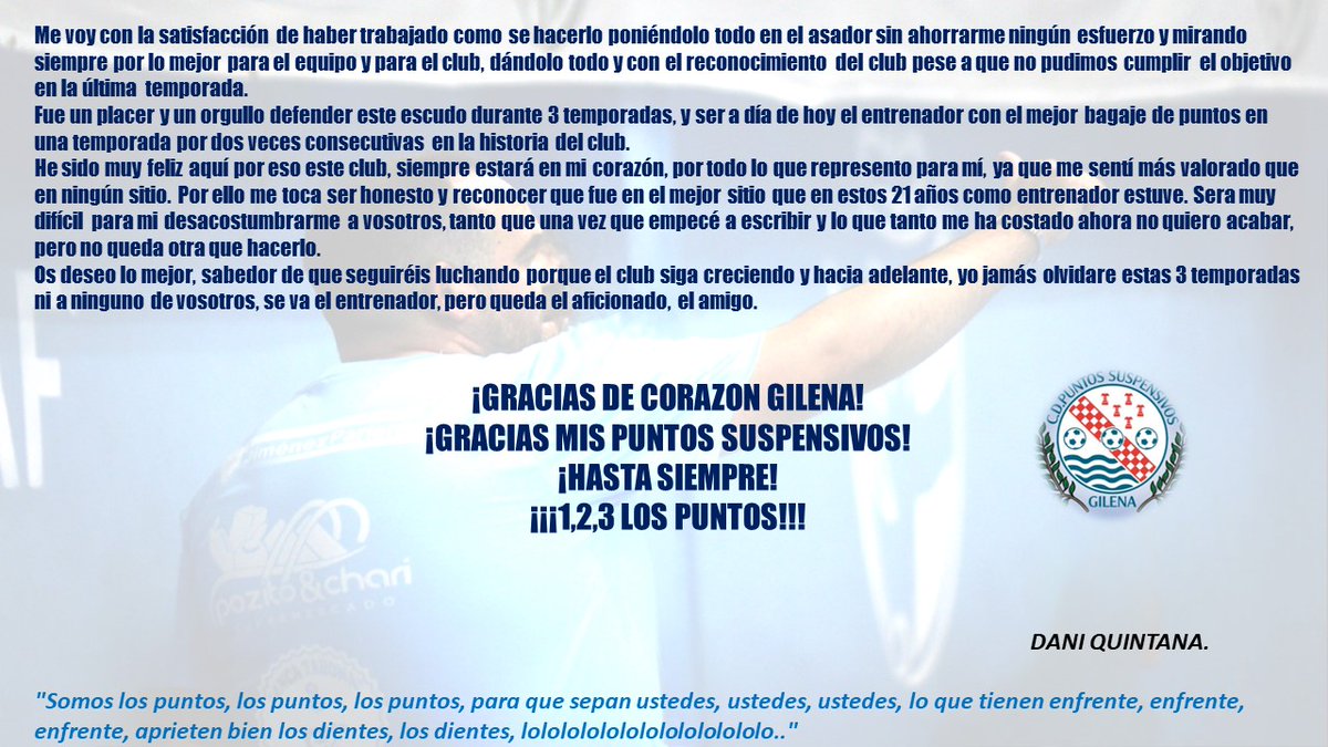 DaniQcsc's tweet photo. Se cierra la etapa mas bonita de mi trayectoria en los banquillos de futbol sala en estos 21 años consecutivos como entrenador federado, os echaré mucho de menos. Gracias y mil gracias por tanto en estas tres temporadas.
Por y para siempre con mis @PUNTOS_GILENA https://t.co/eoQVkSj1ki