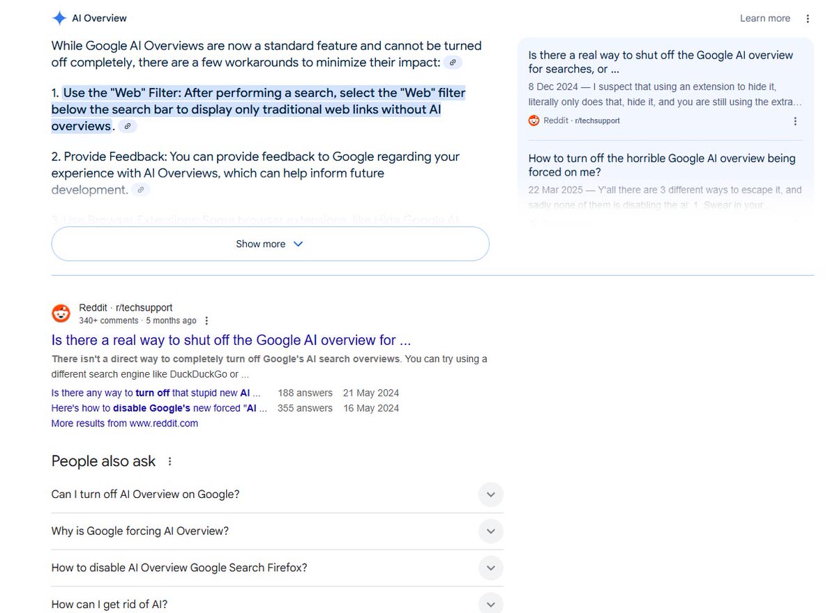 mainlymono's tweet image. Is there ever any chance of #Google listening to their users, and giving those that think the #aioverview  is f**king useless, intrusive, unnecessary, often wrong,  etc etc, the opportunity to disable it permanently