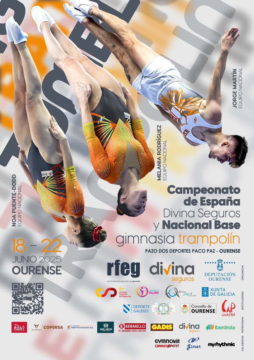 #Ourense acogerá del 18 al 22 de junio el Nacional Base y Campeonato de España Divina Seguros de gimnasia trampolín. Comparto con vosotros el cartel del evento con Noa Puente-Dodd, Melania Rodríguez y Jorge Martín como protagonistas del mismo.

¡Os esperamos! #TRAOurense25