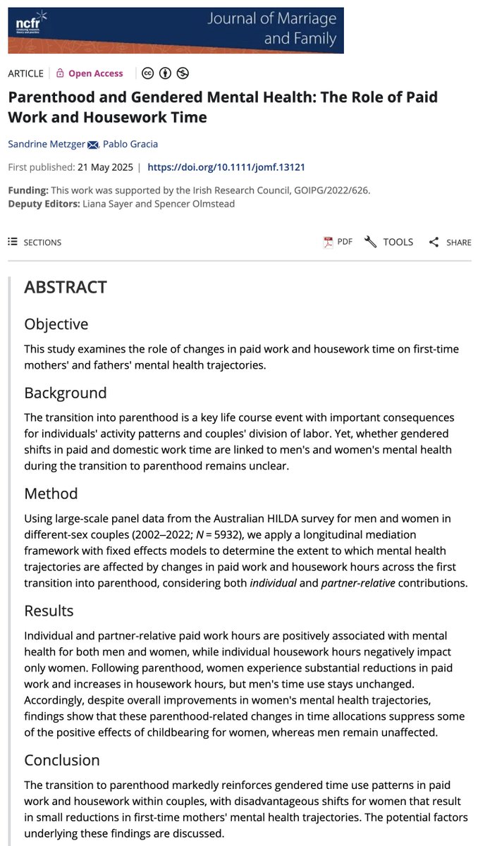 Pablo Gracia (@pablogracia_twi) on Twitter photo 🆕 Paper with <a href="/sm_metzger/">Sandrine Metzger</a> (lead) at <a href="/JMF_NCFR/">@JMF@sciences.social</a>!
We study:
* how #Parenthood impacts #Gendered #Time_Use & #Mental_Health.
* how #Paid & #Unpaid #Work shape gendered mental health during the transition to parenthood.
Read the paper open access here!👇
onlinelibrary.wiley.com/doi/10.1111/jo… 🆕 Paper with <a href="/sm_metzger/">Sandrine Metzger</a> (lead) at <a href="/JMF_NCFR/">@JMF@sciences.social</a>!
We study:
* how #Parenthood impacts #Gendered #Time_Use & #Mental_Health.
* how #Paid & #Unpaid #Work shape gendered mental health during the transition to parenthood.
Read the paper open access here!👇
onlinelibrary.wiley.com/doi/10.1111/jo…