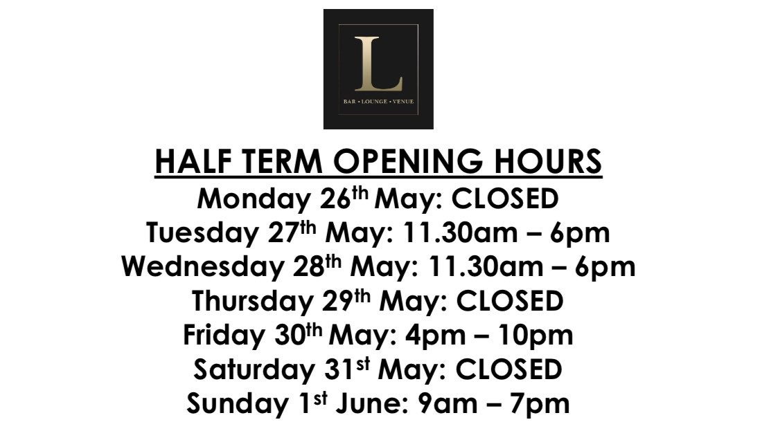 LOUNGE HALF TERM OPENING HOURS 

A reminder of our opening hours during the half-term break 🍽️

Normal opening hours resume from Monday 2nd June 🗓️ 

📞 01306 400151