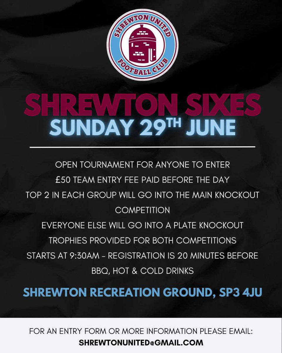 ShrewtonUnited (@shrewtonunited) on Twitter photo Last few places available, enter now to avoid disappointment! ⚽️
Contact shrewtonunited@gmail.com for an entry form! Last few places available, enter now to avoid disappointment! ⚽️
Contact shrewtonunited@gmail.com for an entry form!