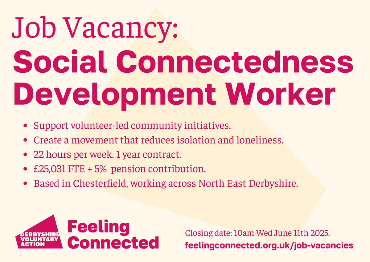 We’re hiring! Come and join our fabulous Feeling Connected team. Apply by Weds 11th June.
All the details and how you can apply here 
feelingconnected.org.uk/job-vacancies
#feelingconnected #community #DVA