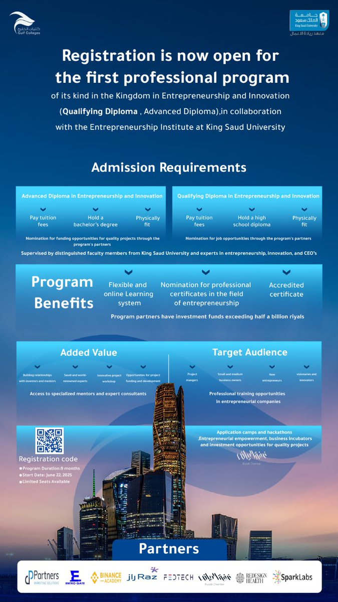 انطلاقا من التزام #معهد_ريادة_الأعمال بـ #جامعة_الملك_سعود بدعم ثقافة ريادة الأعمال والابتكار على الجانبين المعرفي والعملي.
تم تدشين برامج الدبلوم في ريادة الأعمال والابتكار ( المتقدم - التأهيلي) المقدمة من كليات الخليج وبالتعاون مع معهد ريادة الأعمال،ويقدم المعهد دعم خاص عن طريق
