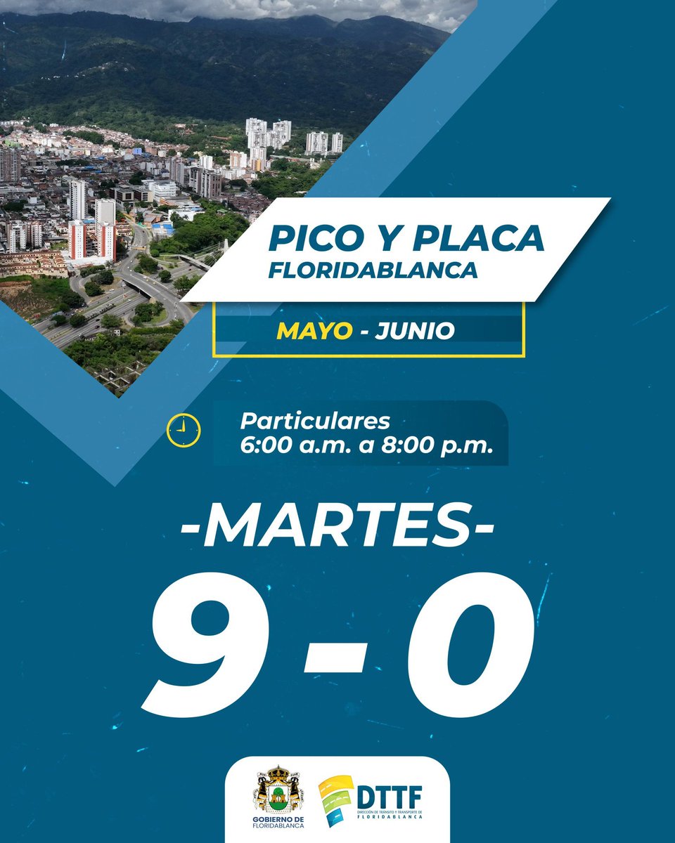 #PicoYPlacaMayo
Este martes 27 de mayo, la medida de #PicoYPlaca  será de 6:00 a.m. a 8:00 p.m. para los vehículos cuyas placas terminan en 9 y 0.

🔴 Importante: En Floridablanca no habrá vías exentas, por lo que la restricción aplicará en toda la ciudad.