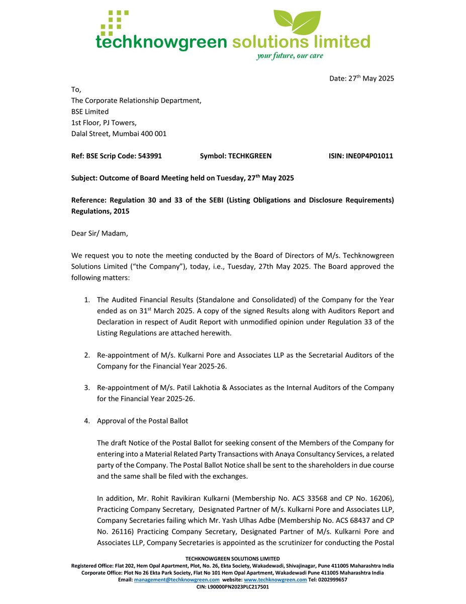 nileshkurhade's tweet photo. ๐ Techknowgreen Solutions Ltd informed the exchange about its approval for the financial results for the period ended March 31, 2025. #SME #TECHKGREEN ๐๐งพ https://t.co/uuTyZ9zkuw