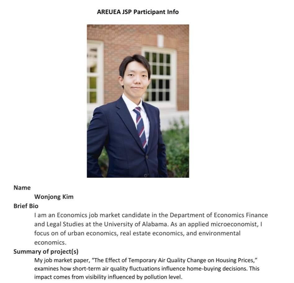 Meet AREUEA 2025 Junior Scholar Wonjong Kim!

Website: wonjongkim.com