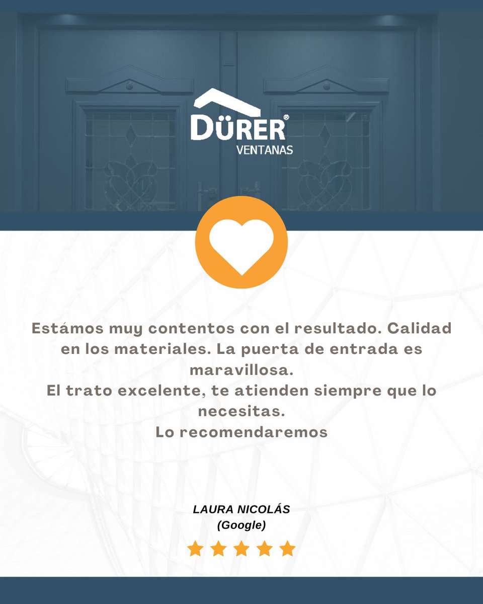 Vuestra satisfacción nos impulsa a seguir trabajando día tras día ⭐.
Laura, nos complace enormemente saber que quedaste encantada con la puerta de entrada, la calidad de nuestros cerramientos y, sobre todo, con el trato cercano y atento de nuestro equipo durante todo el proceso.