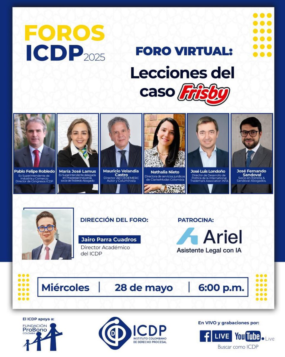 El próximo miércoles 28 de mayo de 2025 a las 6:00 pm estaré como panelista en el foro “Lecciones del caso FRISBY” realizado por el Instituto Colombiano de Derecho Procesal. Los esperamos <a href="/I_C_D_P/">ICDP</a> <a href="/RobledoAbo/">@RobledoAbogadosCol</a> <a href="/frisbylohace/">Frisby S.A.</a>