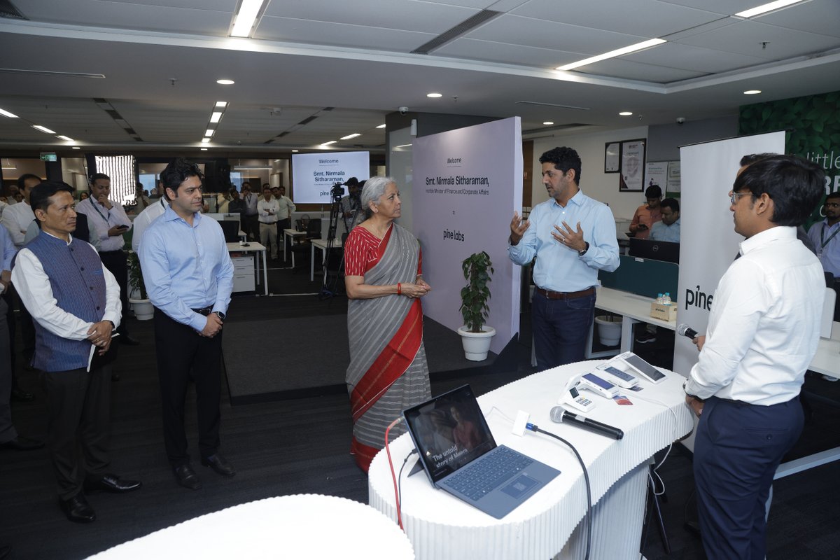 nsitharamanoffc's tweet image. During her visit, Smt @nsitharaman witnessed demonstrations by @PineLabs on innovative Fintech solutions being developed around prepaid instruments, the Account Aggregator (AA) framework, and digital services used in the Public Distribution System (PDS) and other government…