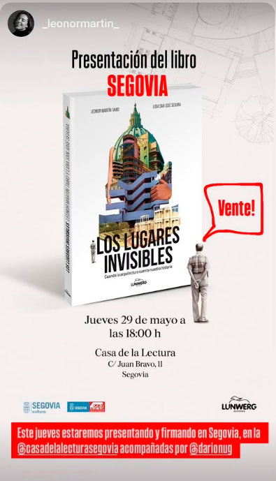 sf23arquitectos's tweet photo. Este Jueves a las 18:00 en la  @CasaLecturaSG  ,tengo la suerte de charlar con Leonor Martín y Lidia San José Segura , sobre su libro "Los Lugares invisibles"💚.

No os lo perdáis!

🎙️@Darionug https://t.co/OuOy9JEiDx