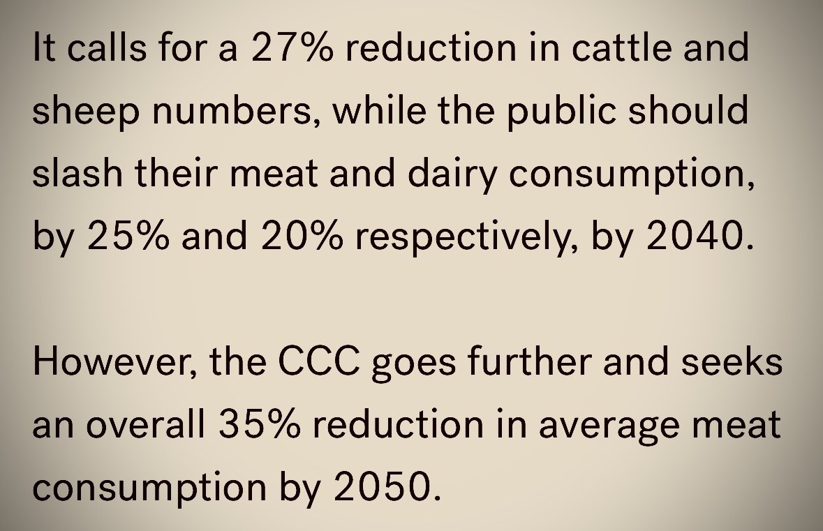 The Climate Change Committee recommends that to meet the UK's net zero by 2050 target:

▪️27% reduction in cattle and sheep numbers.

▪️Reduction in meat and dairy consumption, by 25% and 20% respectively, by 2040.

This would have a devastating impact on the farming industry.