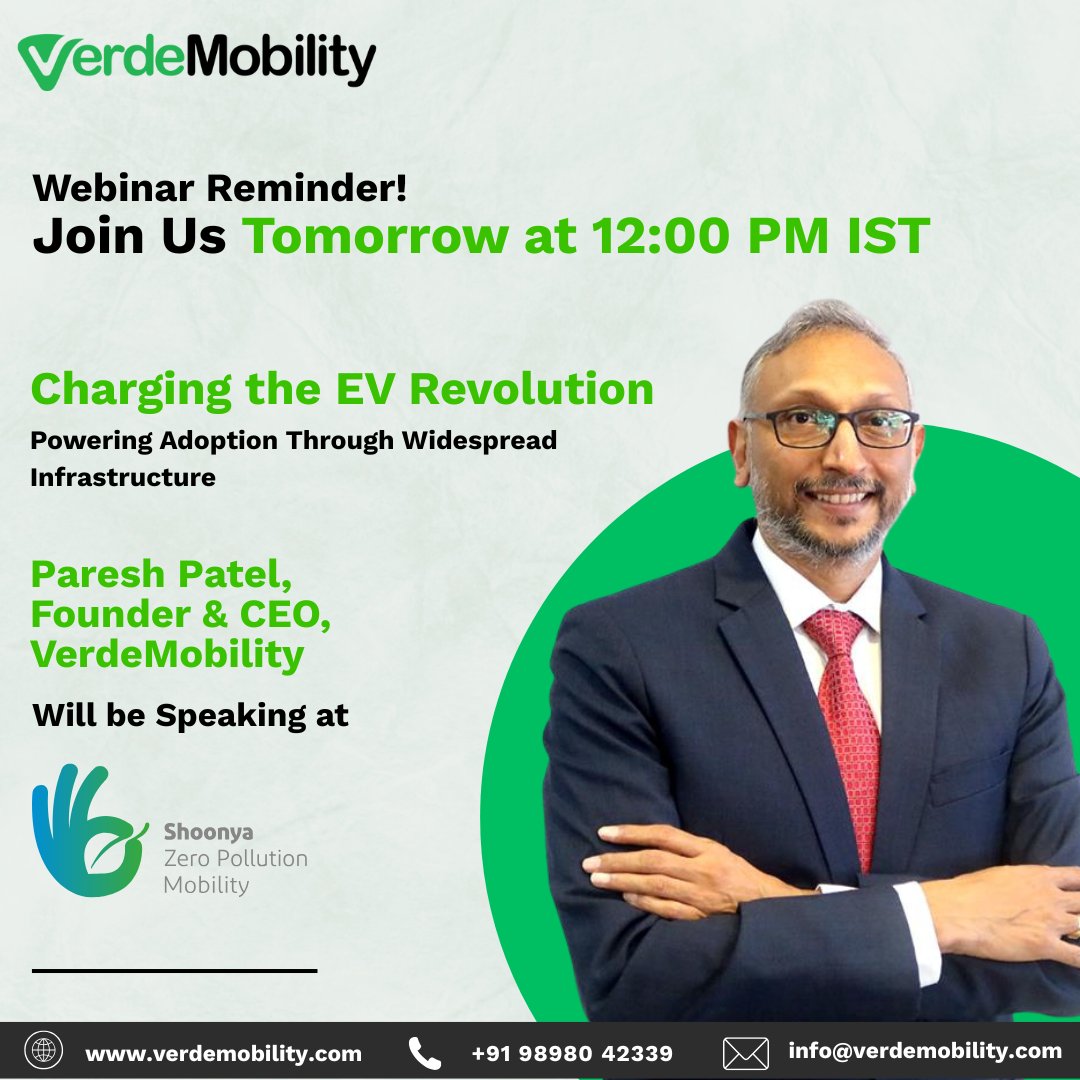 VerdeMobility's tweet photo. Webinar Reminder!  Join Us Tomorrow at 12:00 PM IST 

Catch Paresh Patel, Founder &amp; CEO of VerdeMobility, as he takes the stage at Shoonya – Zero Pollution Mobility. 

He’ll be speaking on: 
Charging the EV Revolution: Powering Adoption Through Widespread Infrastructure https://t.co/VinsYb6k5S