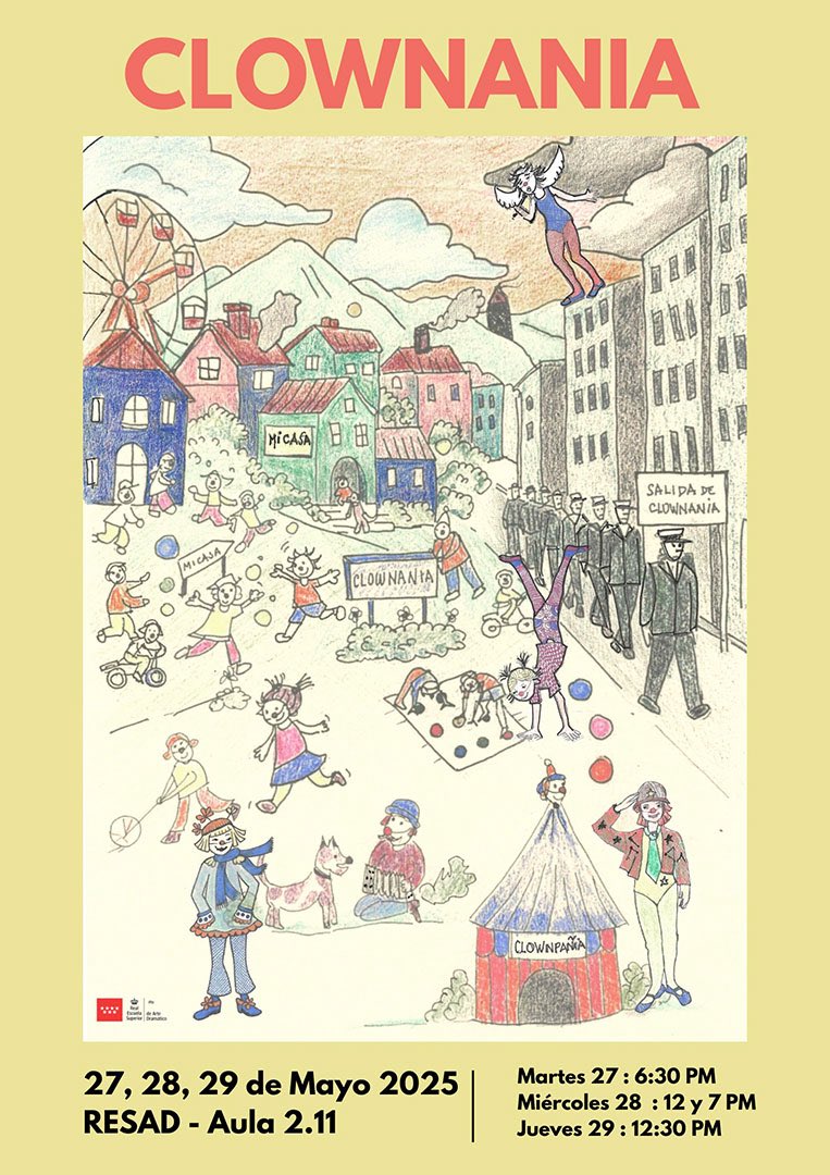 CLOWNMANIA
🎓 Trabajo Fin de Grado de Maite Baraybar

📍 Aula 1.9 – RESAD
📅 Fechas y horarios:
•🗓️ 27 mayo – 🕡 18:30
•🗓️ 28 mayo – 🕛 12:00 y 🕖 19:00
•🗓️ 29 mayo – 🕧 12:30
