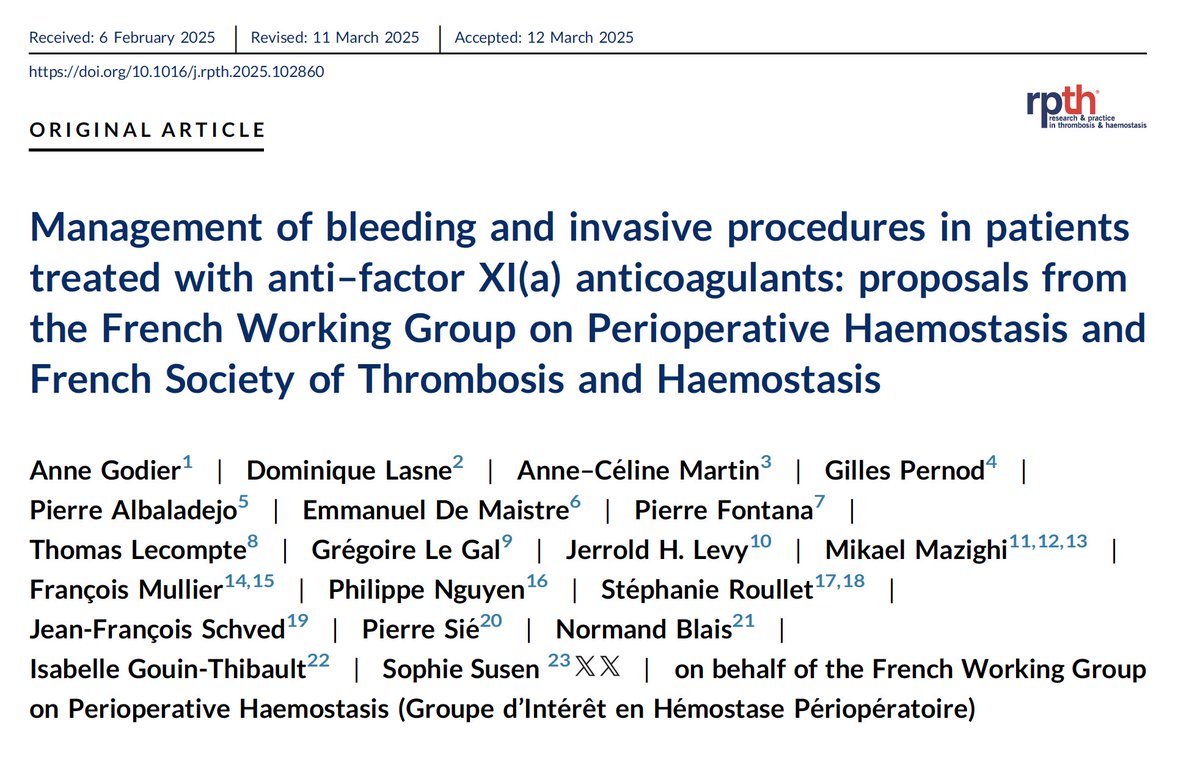 🧰 Les propositions GIHP/SFTH pour la gestion des nouveaux anticoagulants anti-XI(a) en cas d’hémorragie ou de procédure invasive sont en ligne !  Avant leur AMM 😶. Pour aider à gérer les patients des RCT en cours🩸

rpthjournal.org/article/S2475-…

<a href="/SFTHemostase/">SFTH</a> <a href="/SFAR_ORG/">SFAR Anesthésie Réanimation</a>