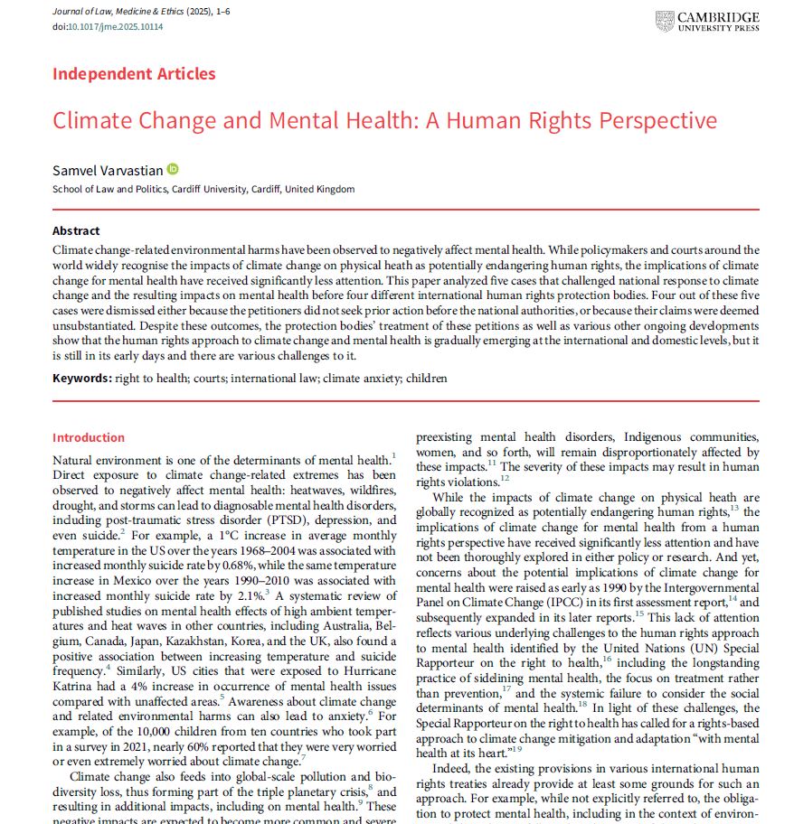Sam Varvastian (@samvarvastian) on Twitter photo Excited to share my latest work "Climate Change and Mental Health: A Human Rights Perspective" out in OPEN ACCESS <a href="/JLME_ASLME/">The Journal of Law, Medicine & Ethics</a>. While the impacts of climate change on physical heath are globally recognized as potentially endangering human rights, ... 1/3
doi.org/10.1017/jme.20… Excited to share my latest work "Climate Change and Mental Health: A Human Rights Perspective" out in OPEN ACCESS <a href="/JLME_ASLME/">The Journal of Law, Medicine & Ethics</a>. While the impacts of climate change on physical heath are globally recognized as potentially endangering human rights, ... 1/3
doi.org/10.1017/jme.20…