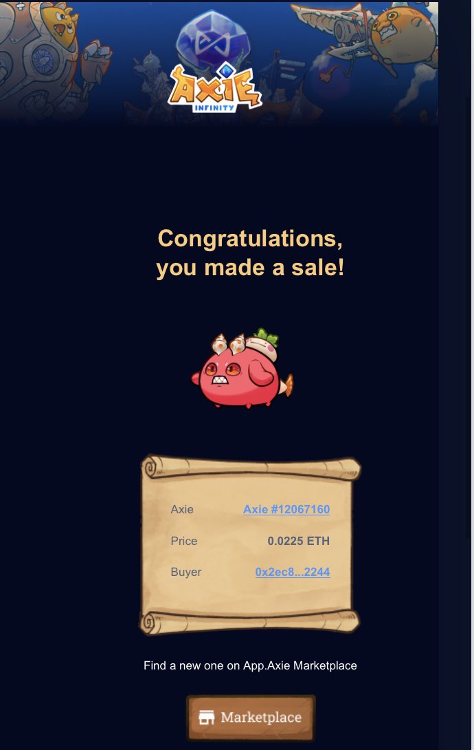 you made a sale✨✨
Bug Topaz
0.0225 ETH SOLD（57 $💰）
grow and sell on land.

＃AxieInfinity 
＃AxieOrigins