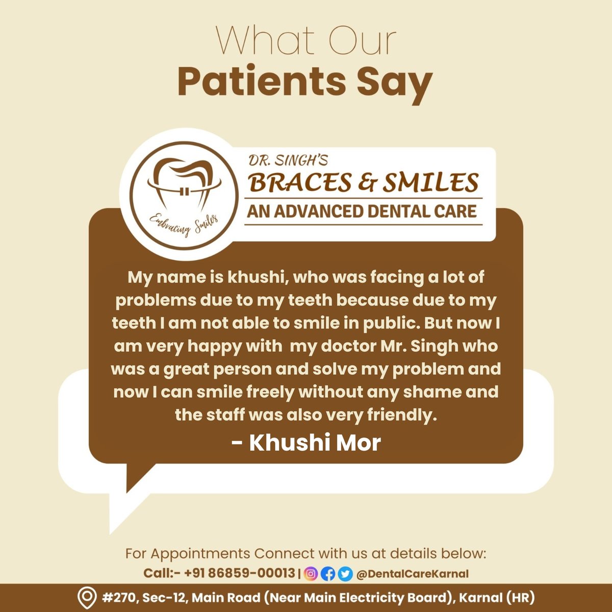 DentalCareKNL's tweet photo. Have a glimpse of what our patients say about Dr. Singh's - Braces & Smiles Karnal. These words mean the most to us and encourage us to provide you the most luxurious dental experience in Karnal
Call: 8685900013
#DentalTreatment #PatientsReview #DentalCareKarnal #DentalCareClinic https://t.co/B5fo5HkL5G