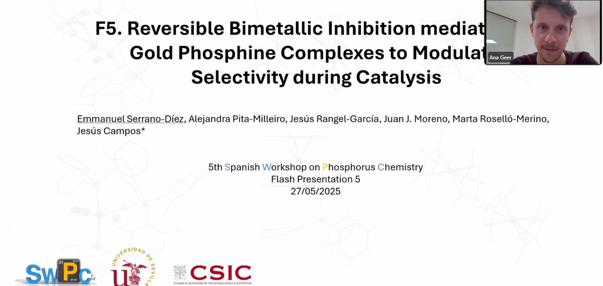 aliciareyplane1's tweet photo. ⚗️ From University of Seville, Emmanuel Serrano presents: "Reversible Bimetallic Inhibition mediated by Gold Phosphine Complexes to Modulate Selectivity during Catalysis" A smart approach using Au–phosphine chemistry to fine-tune catalytic selectivity.
#SWPC2025 @PhosChemSpain https://t.co/Zb1s6C20SM