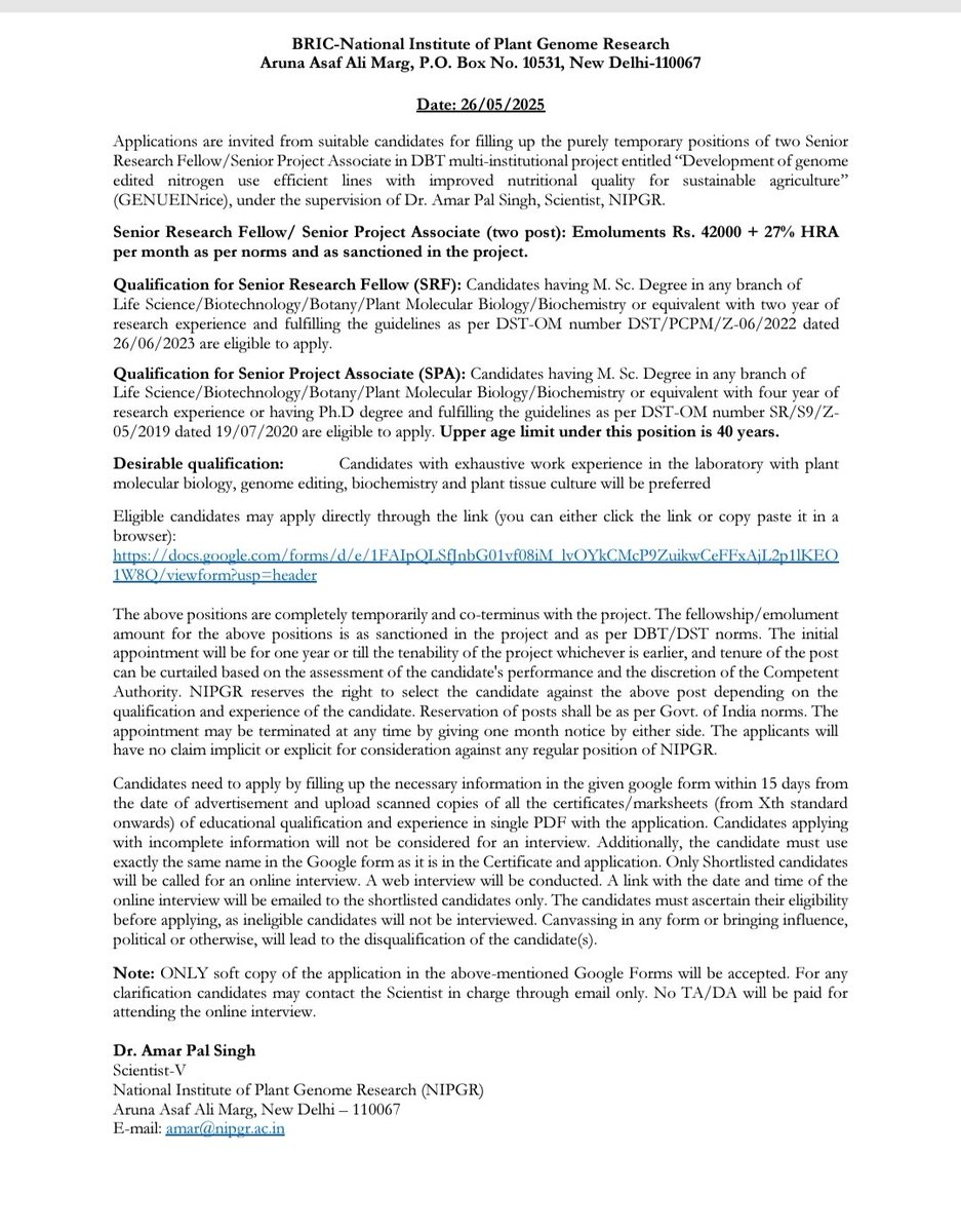 Amar Singh (@apslab_nipgr) on Twitter photo Interested candidates may apply for SRF/SPA postions in plant molecular biology and Genome Editing. For more details please see the advertisement: nipgr.ac.in/nipgrv2/vacanc…
Link for online application: docs.google.com/forms/d/e/1FAI… 1W8Q/viewform?usp=header <a href="/NIPGRsocial/">BRIC-NIPGR</a> <a href="/hasthiram/">Hasthi Ram</a> Interested candidates may apply for SRF/SPA postions in plant molecular biology and Genome Editing. For more details please see the advertisement: nipgr.ac.in/nipgrv2/vacanc…
Link for online application: docs.google.com/forms/d/e/1FAI… 1W8Q/viewform?usp=header <a href="/NIPGRsocial/">BRIC-NIPGR</a> <a href="/hasthiram/">Hasthi Ram</a>