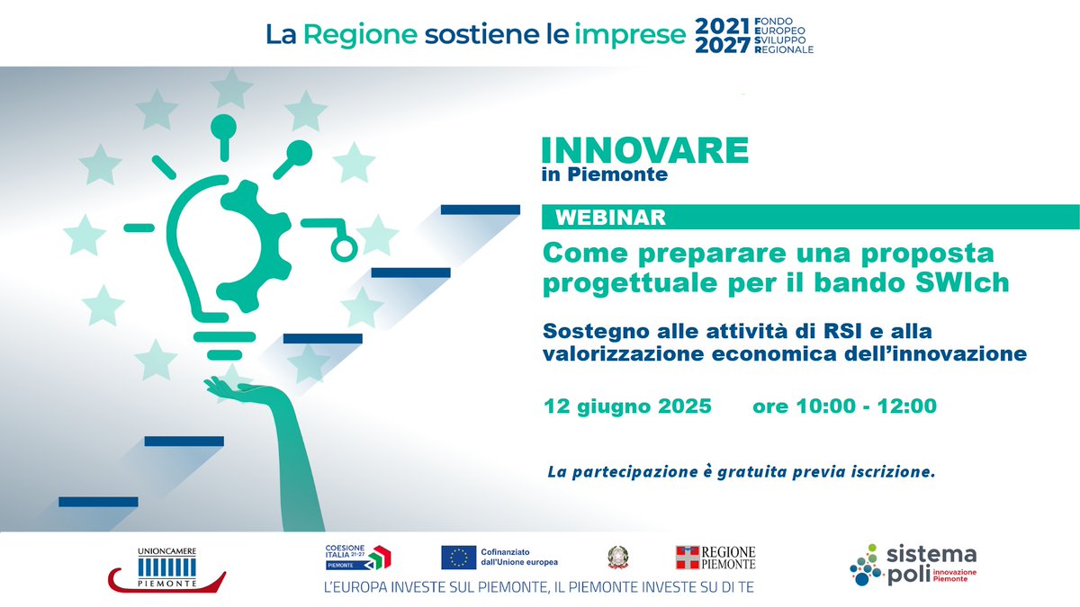 Regione Piemonte (@regionepiemonte) on Twitter photo Il 12 giugno webinar per accompagnare le aziende piemontesi nella presentazione di una proposta progettuale per il prossimo Bando SWIch 2025.
Iscrizioni gratuite entro l’11 giugno a questo link 🔻 lnkd.in/d-GH7w5u
#PiemonteImprese <a href="/Unioncamere_Pie/">Unioncamere Piemonte</a> Il 12 giugno webinar per accompagnare le aziende piemontesi nella presentazione di una proposta progettuale per il prossimo Bando SWIch 2025.
Iscrizioni gratuite entro l’11 giugno a questo link 🔻 lnkd.in/d-GH7w5u
#PiemonteImprese <a href="/Unioncamere_Pie/">Unioncamere Piemonte</a>