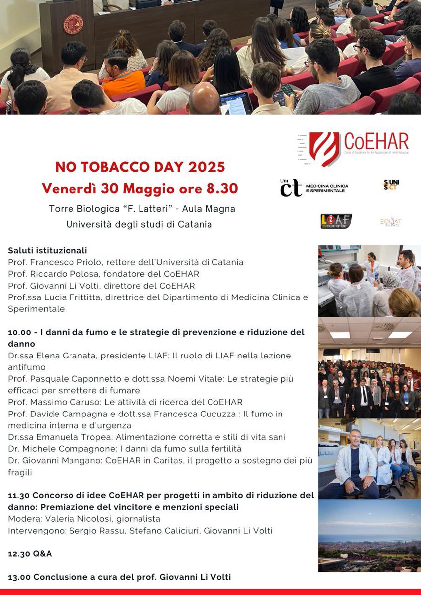 CoeharUnict's tweet image. 📌 Conferenza annuale CoEHAR: No Tobacco Day 2025
🗓️ Venerdí 30 Maggio ore 8.30
📍Aula Magna, Torre Biologica, @unict_it
@valerianicolosi @RiccardoPolosa @GiovanniLiVolti
coehar.it/no-tobacco-day…
