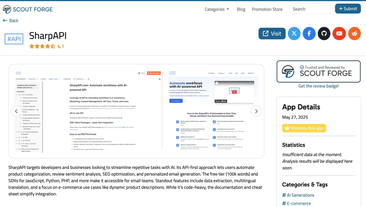 SharpAPI's tweet image. Absolutely thrilled to receive such an in-depth and thoughtful review from @scoutforgenet! 🙌 Your insights into SharpAPI's capabilities and potential mean the world to us. Thank you for the great score and for recognising our efforts!
Full review here: scoutforge.net/reviews/sharpa…