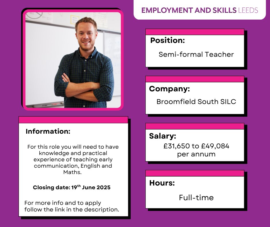 👩🏻‍🏫 Last but not least Broomfield South SILC are recruiting a 'Semi-formal Teacher' with the experience and skills to teach pupils with a wide range of Special Educational Needs.

📋 Why not apply today?
mynewterm.com/jobs/108123/ED…